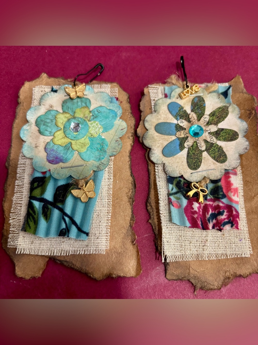 Set 2 Handmade Upcycled Junk Journal Tags Rustic Floral Eco Friendly Ephemera